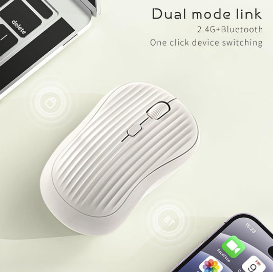 ONE-UP Wireless Mouse, 2.4G + Bluetooth, Rechargeable Battery, 4-Key, DPI: 800/1200/1600, Silent, Type-C, USB Nano Receiver, Ergonomic, Portable, for Laptop, Chromebook, PC, Mac, Windows (Beige)