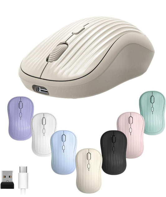 ONE-UP Wireless Mouse, 2.4G + Bluetooth, Rechargeable Battery, 4-Key, DPI: 800/1200/1600, Silent, Type-C, USB Nano Receiver, Ergonomic, Portable, for Laptop, Chromebook, PC, Mac, Windows (Beige)